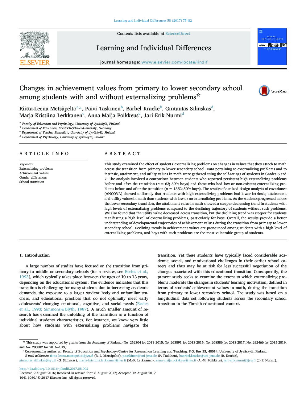 Changes in achievement values from primary to lower secondary school among students with and without externalizing problems