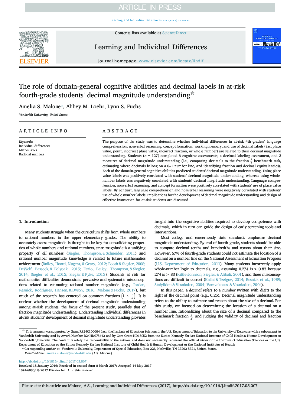 The role of domain-general cognitive abilities and decimal labels in at-risk fourth-grade students' decimal magnitude understanding