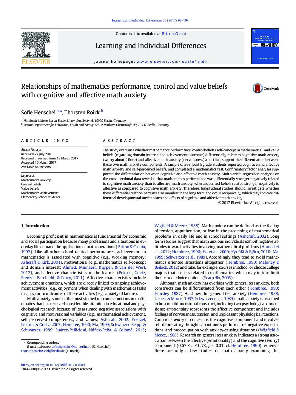 Relationships of mathematics performance, control and value beliefs with cognitive and affective math anxiety