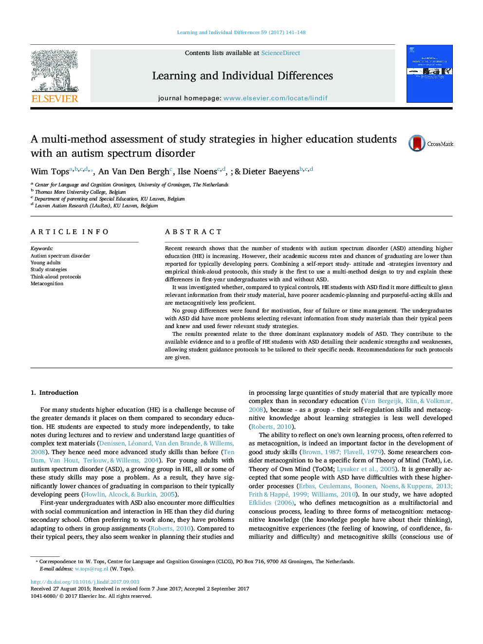 A multi-method assessment of study strategies in higher education students with an autism spectrum disorder