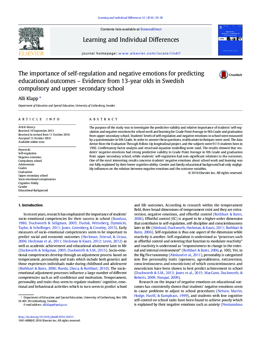 The importance of self-regulation and negative emotions for predicting educational outcomes - Evidence from 13-year olds in Swedish compulsory and upper secondary school