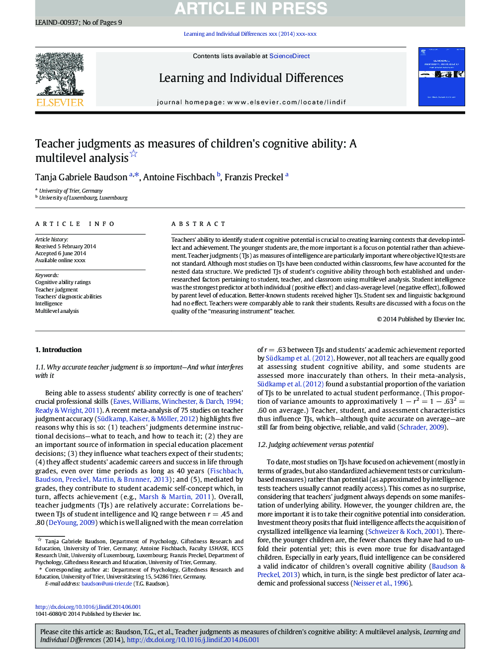 Teacher judgments as measures of children's cognitive ability: A multilevel analysis