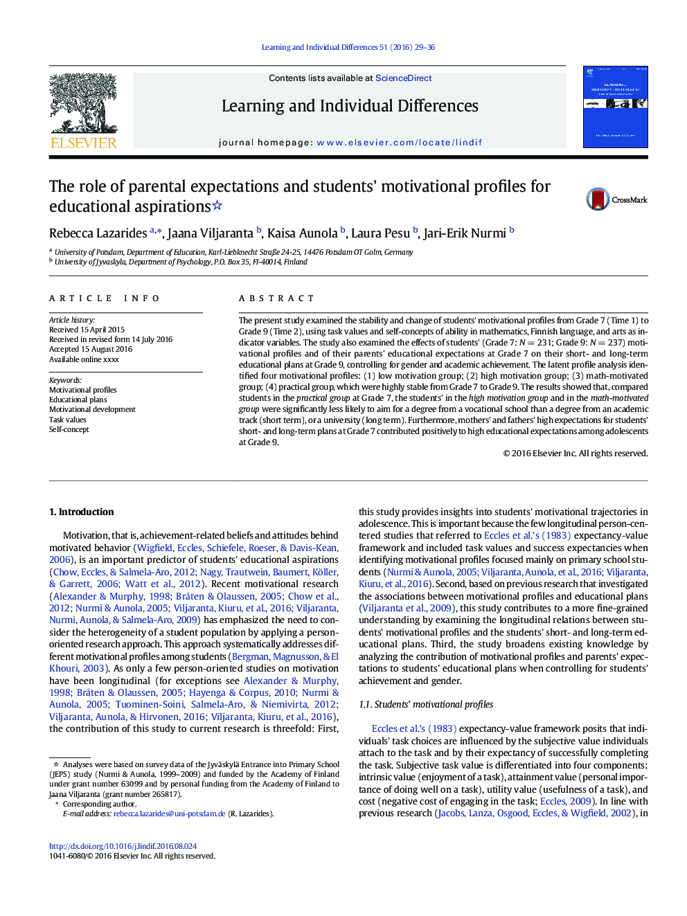 The role of parental expectations and students' motivational profiles for educational aspirations