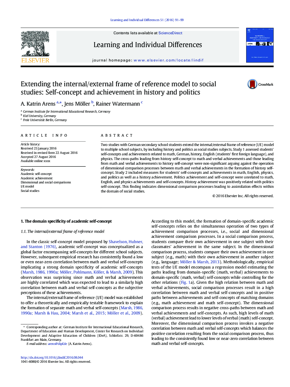 Extending the internal/external frame of reference model to social studies: Self-concept and achievement in history and politics