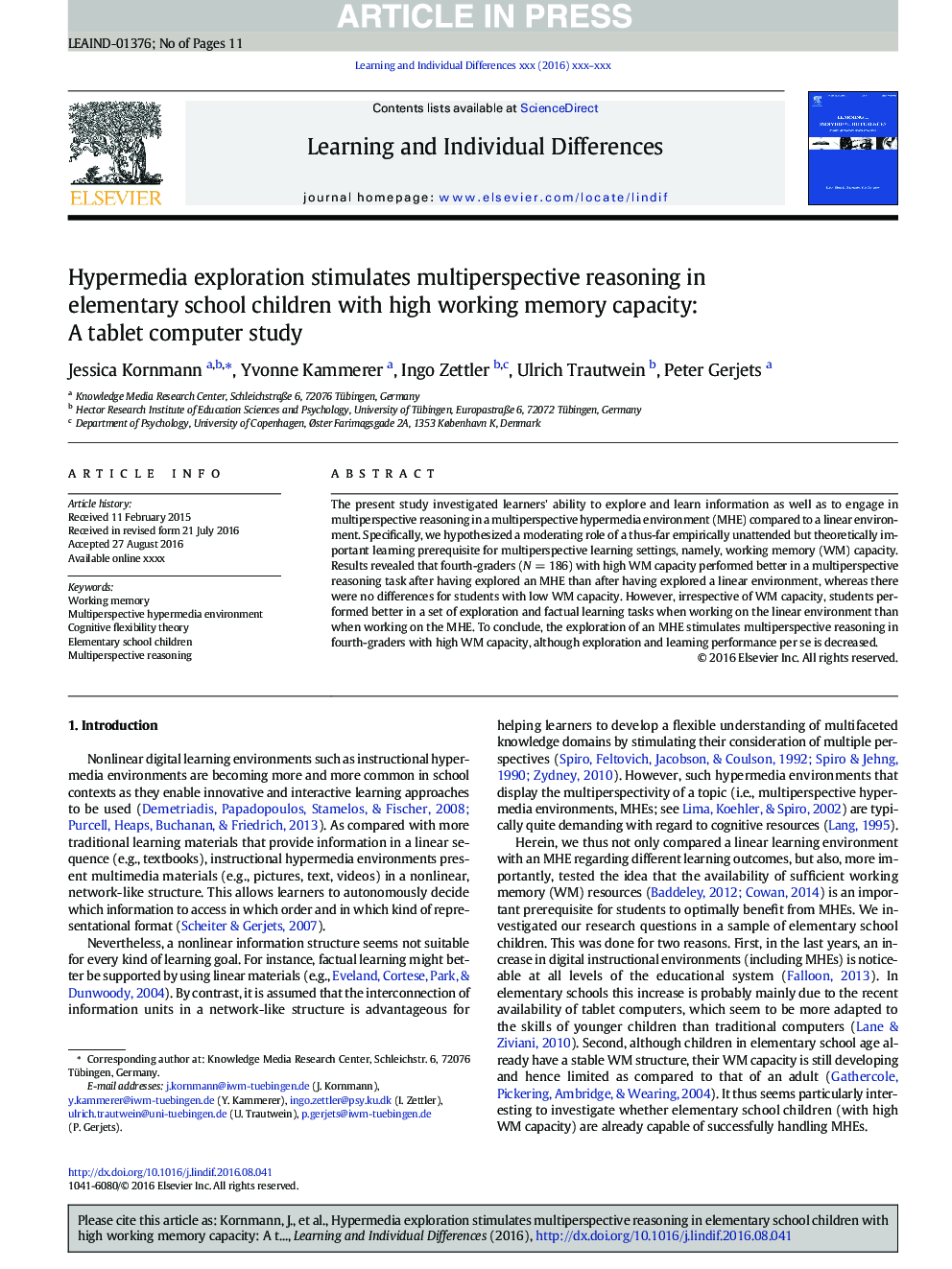 Hypermedia exploration stimulates multiperspective reasoning in elementary school children with high working memory capacity: A tablet computer study