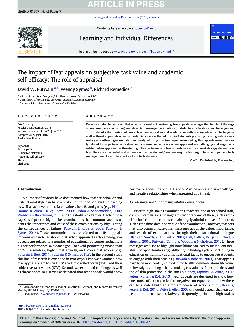 The impact of fear appeals on subjective-task value and academic self-efficacy: The role of appraisal