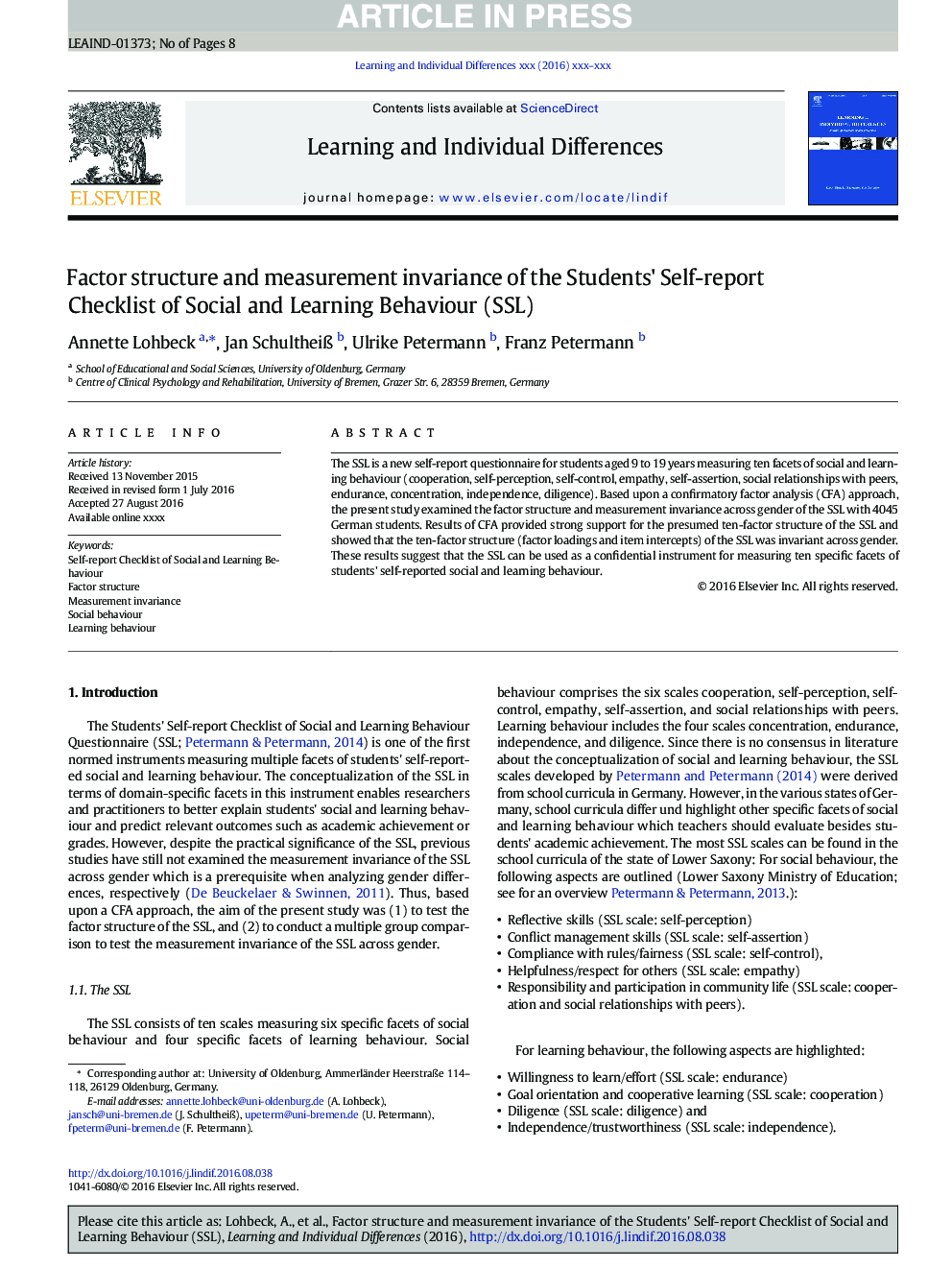 Factor structure and measurement invariance of the Students' Self-report Checklist of Social and Learning Behaviour (SSL)