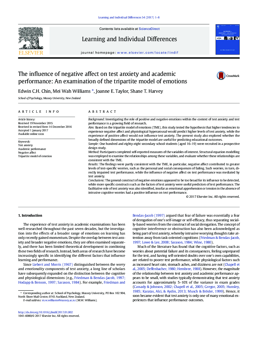 The influence of negative affect on test anxiety and academic performance: An examination of the tripartite model of emotions