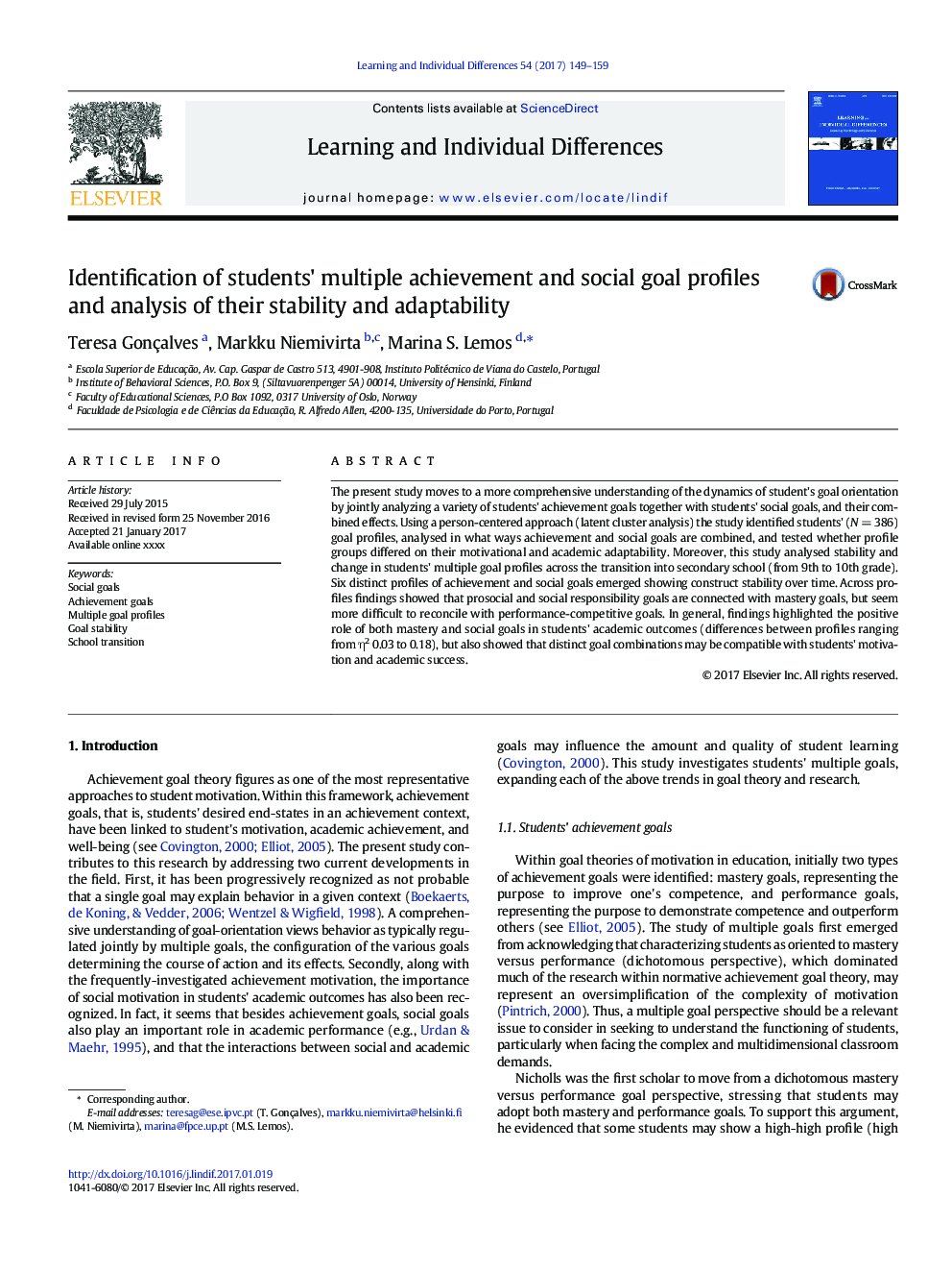 Identification of students' multiple achievement and social goal profiles and analysis of their stability and adaptability