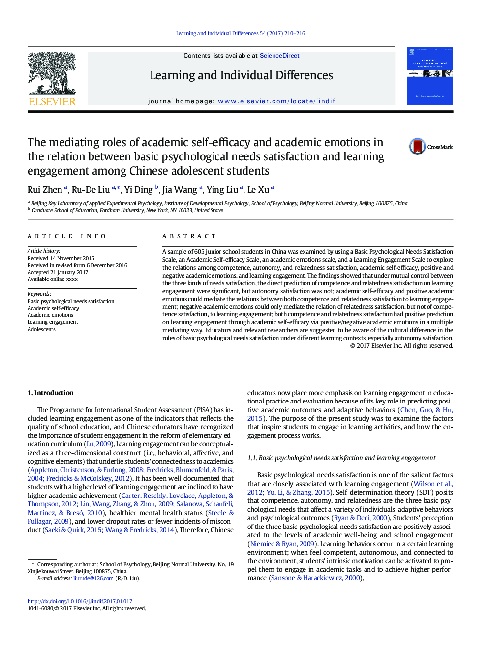 The mediating roles of academic self-efficacy and academic emotions in the relation between basic psychological needs satisfaction and learning engagement among Chinese adolescent students