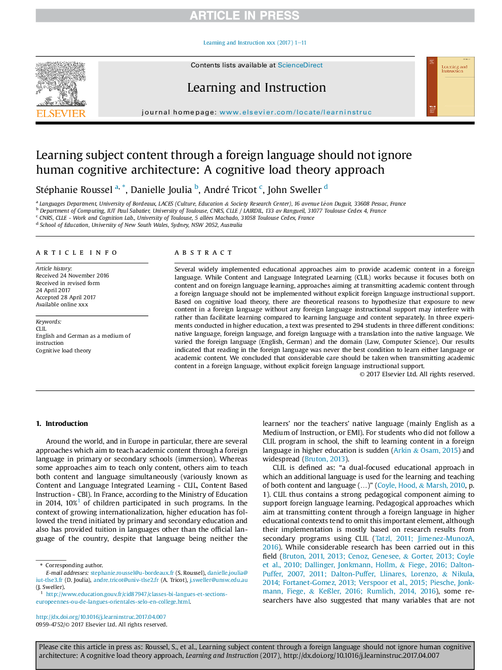 Learning subject content through a foreign language should not ignore human cognitive architecture: A cognitive load theory approach