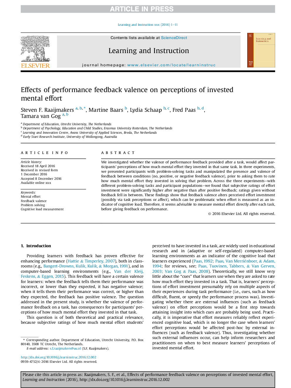 Effects of performance feedback valence on perceptions of invested mental effort