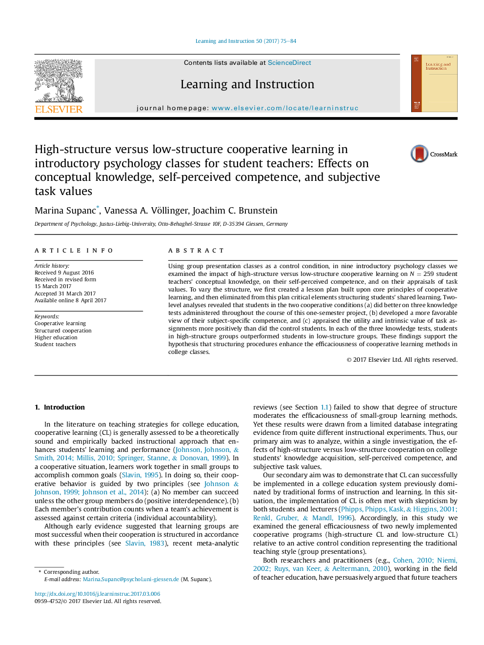 High-structure versus low-structure cooperative learning in introductory psychology classes for student teachers: Effects on conceptual knowledge, self-perceived competence, and subjective task values