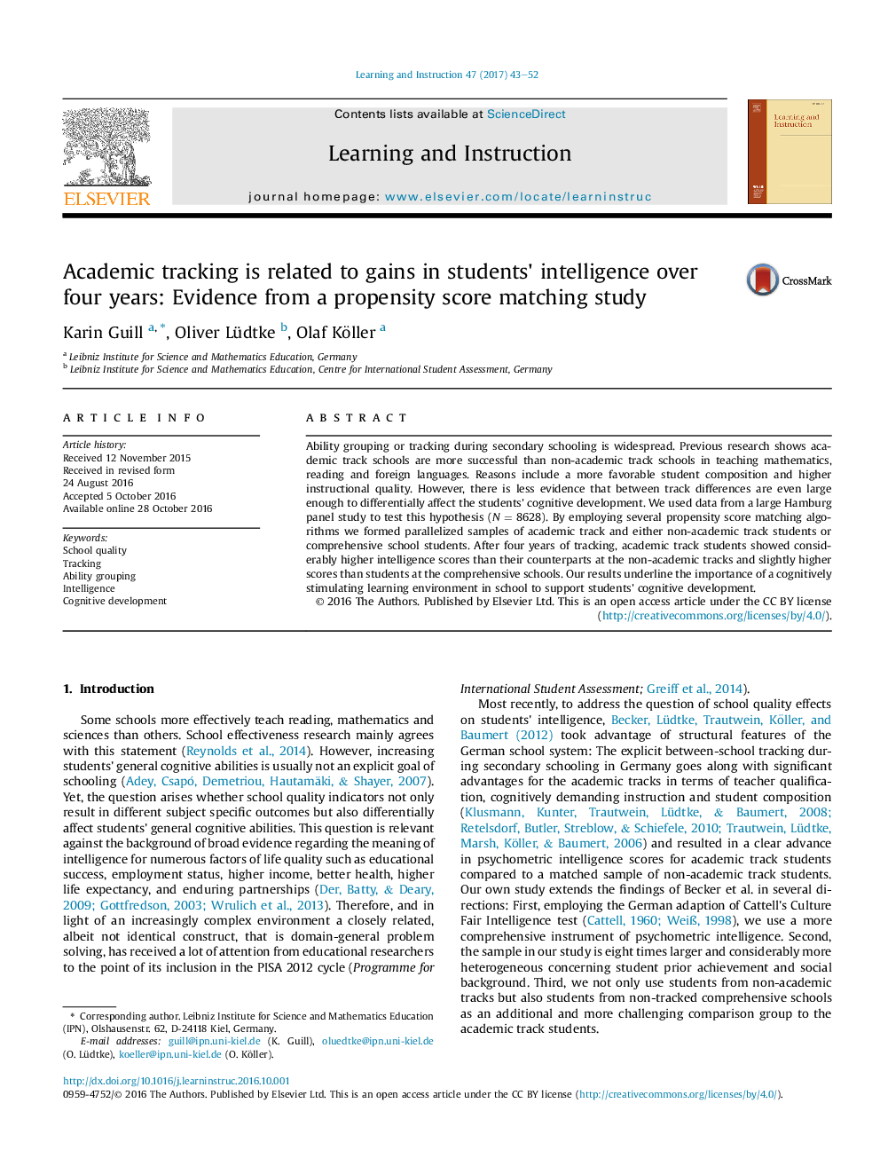 Academic tracking is related to gains in students' intelligence over four years: Evidence from a propensity score matching study