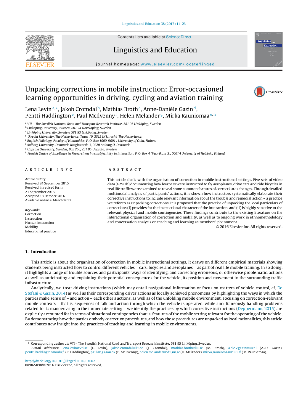 Unpacking corrections in mobile instruction: Error-occasioned learning opportunities in driving, cycling and aviation training