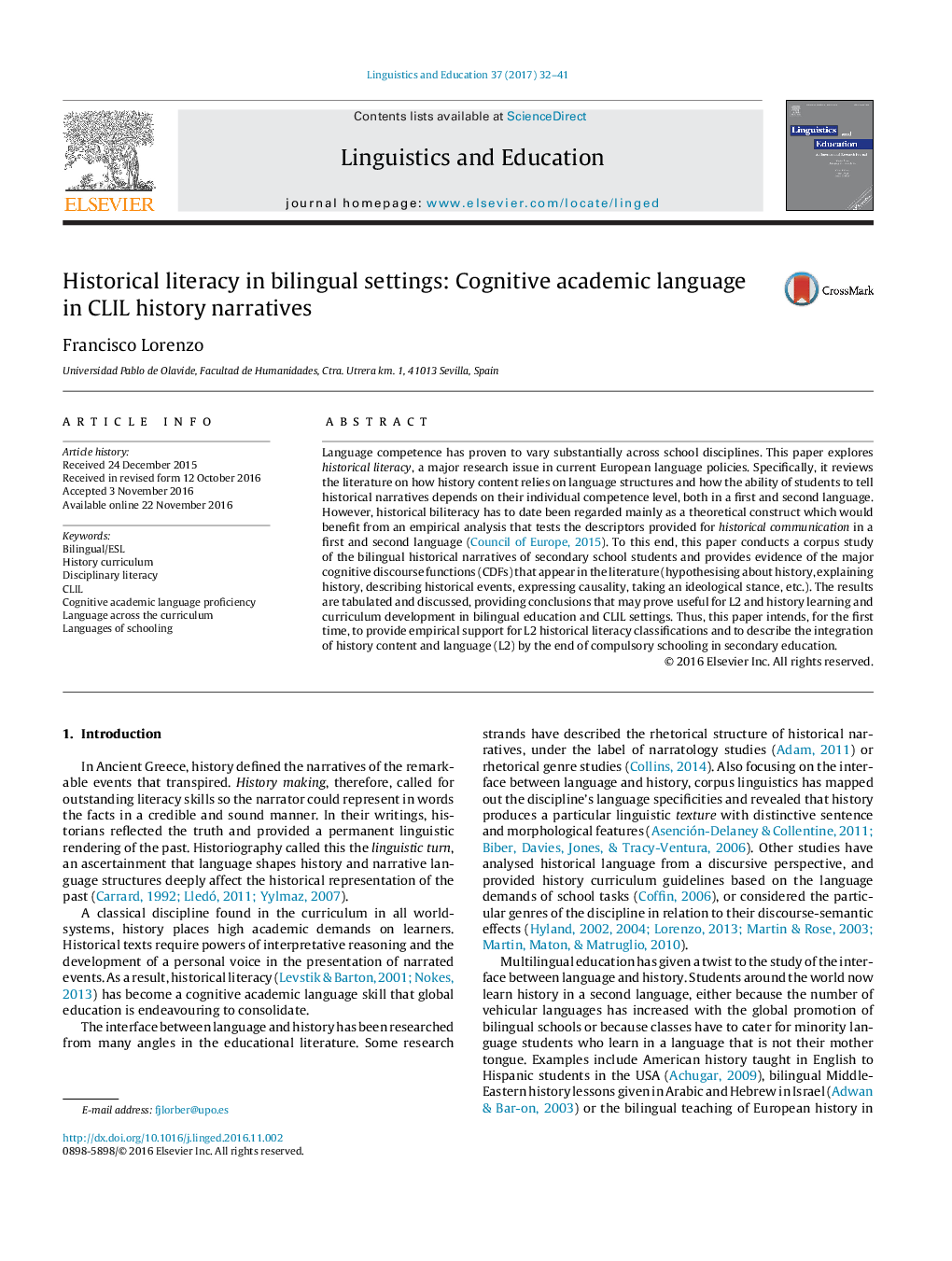 Historical literacy in bilingual settings: Cognitive academic language in CLIL history narratives