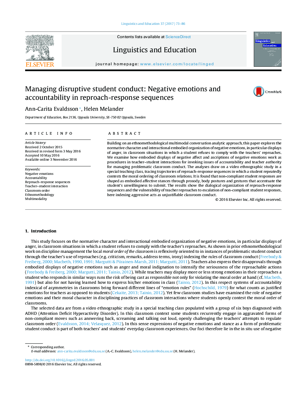 Managing disruptive student conduct: Negative emotions and accountability in reproach-response sequences