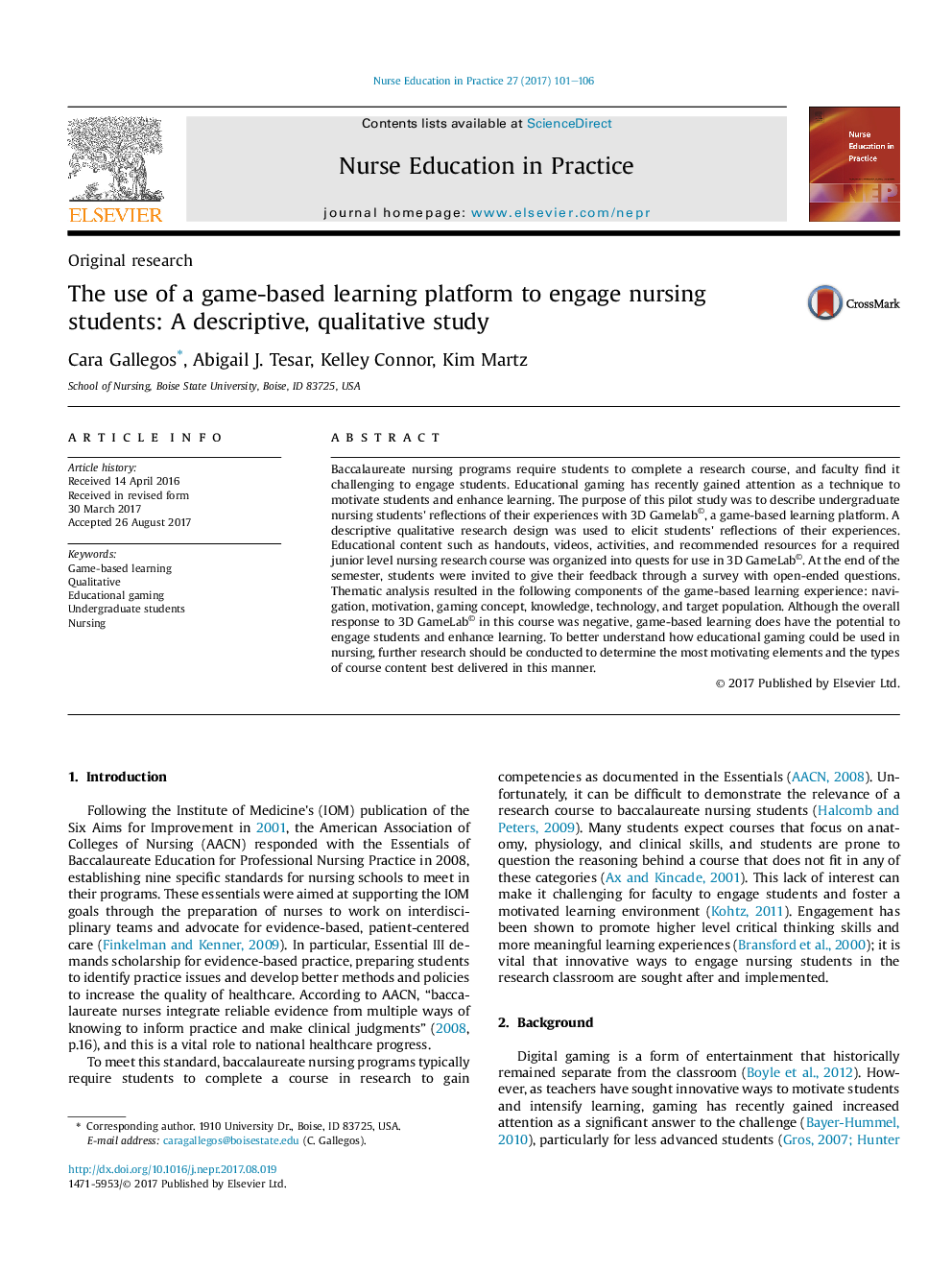 The use of a game-based learning platform to engage nursing students: A descriptive, qualitative study