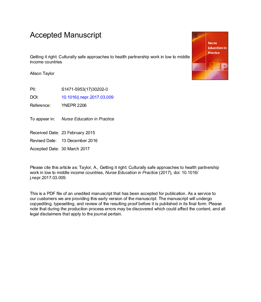 Getting it right: Culturally safe approaches to health partnership work in low to middle income countries