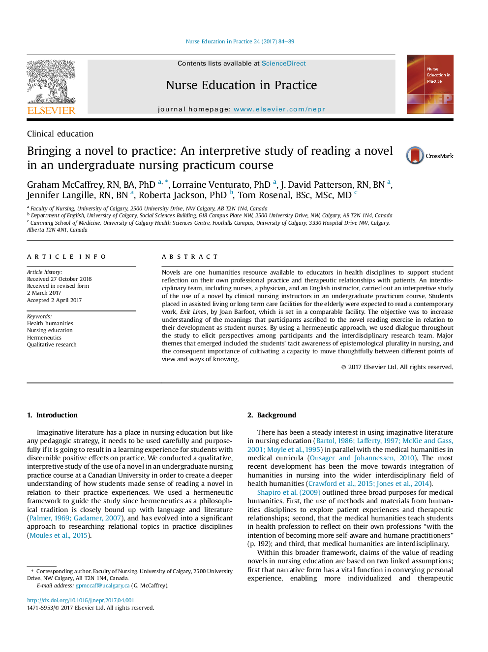 Bringing a novel to practice: An interpretive study of reading a novel in an undergraduate nursing practicum course