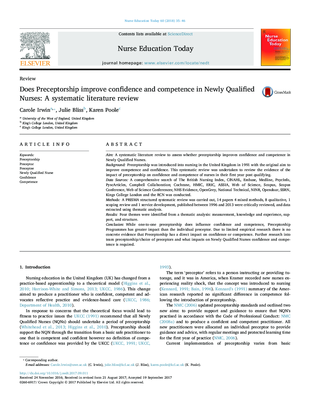 Does Preceptorship improve confidence and competence in Newly Qualified Nurses: A systematic literature review