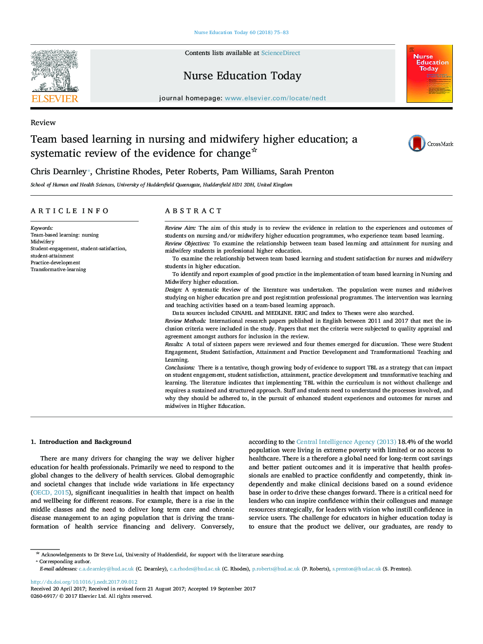 Team based learning in nursing and midwifery higher education; a systematic review of the evidence for change