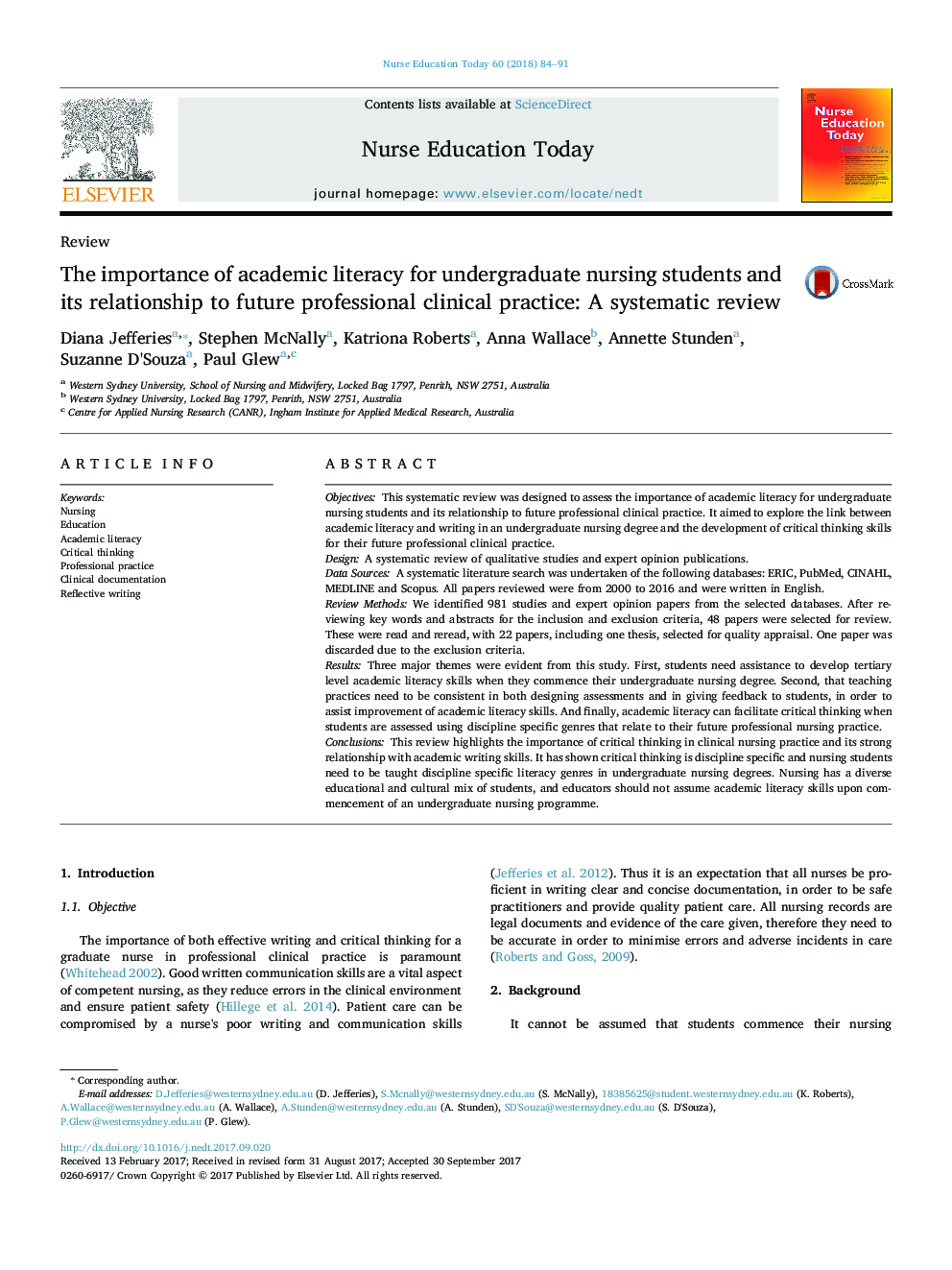 The importance of academic literacy for undergraduate nursing students and its relationship to future professional clinical practice: A systematic review