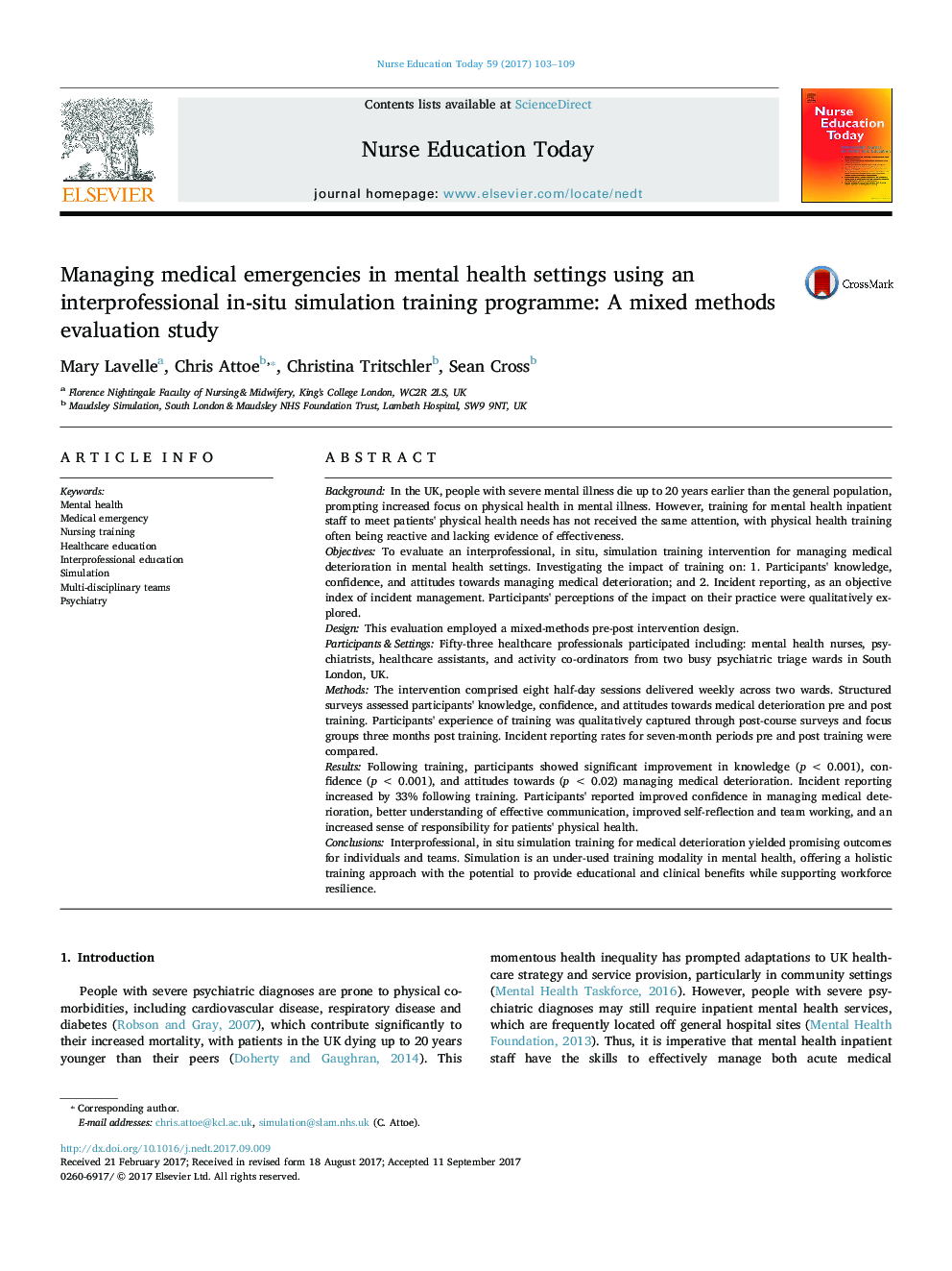 Managing medical emergencies in mental health settings using an interprofessional in-situ simulation training programme: A mixed methods evaluation study