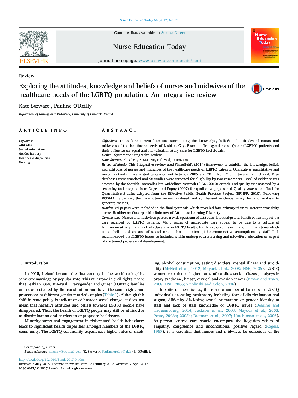 Exploring the attitudes, knowledge and beliefs of nurses and midwives of the healthcare needs of the LGBTQ population: An integrative review