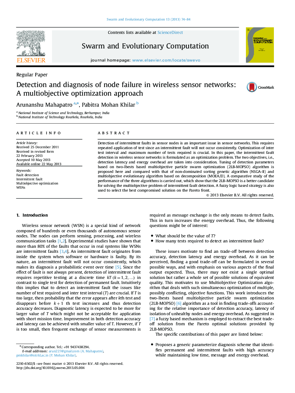 Detection and diagnosis of node failure in wireless sensor networks: A multiobjective optimization approach