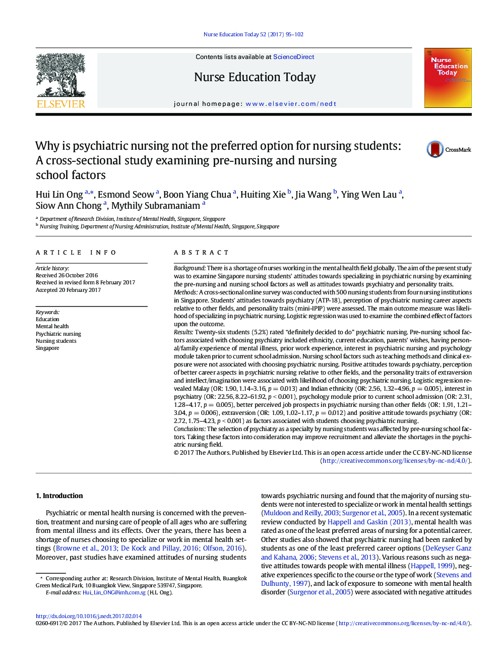 Why is psychiatric nursing not the preferred option for nursing students: A cross-sectional study examining pre-nursing and nursing school factors