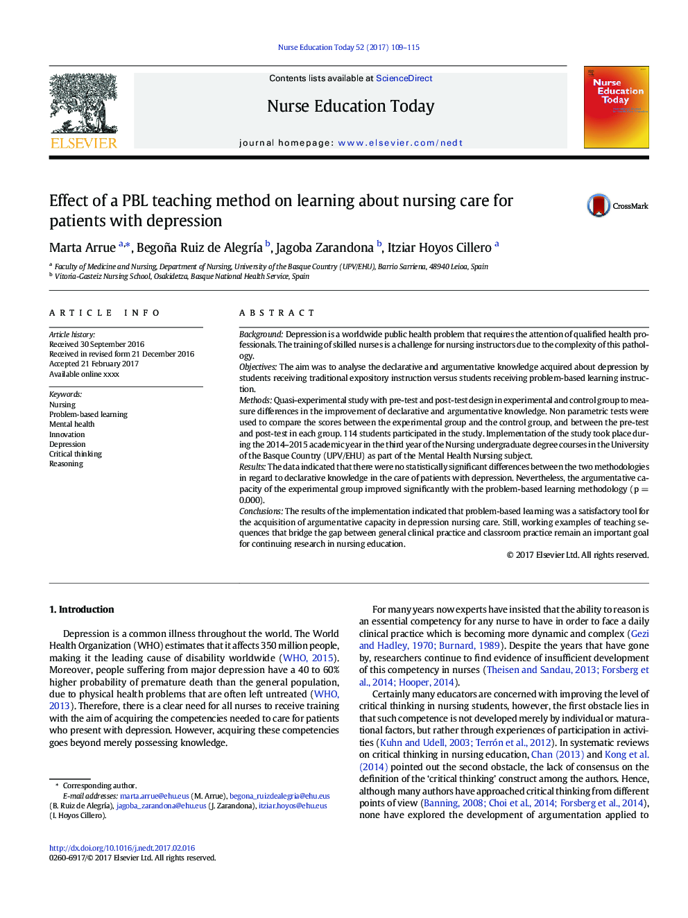 Effect of a PBL teaching method on learning about nursing care for patients with depression