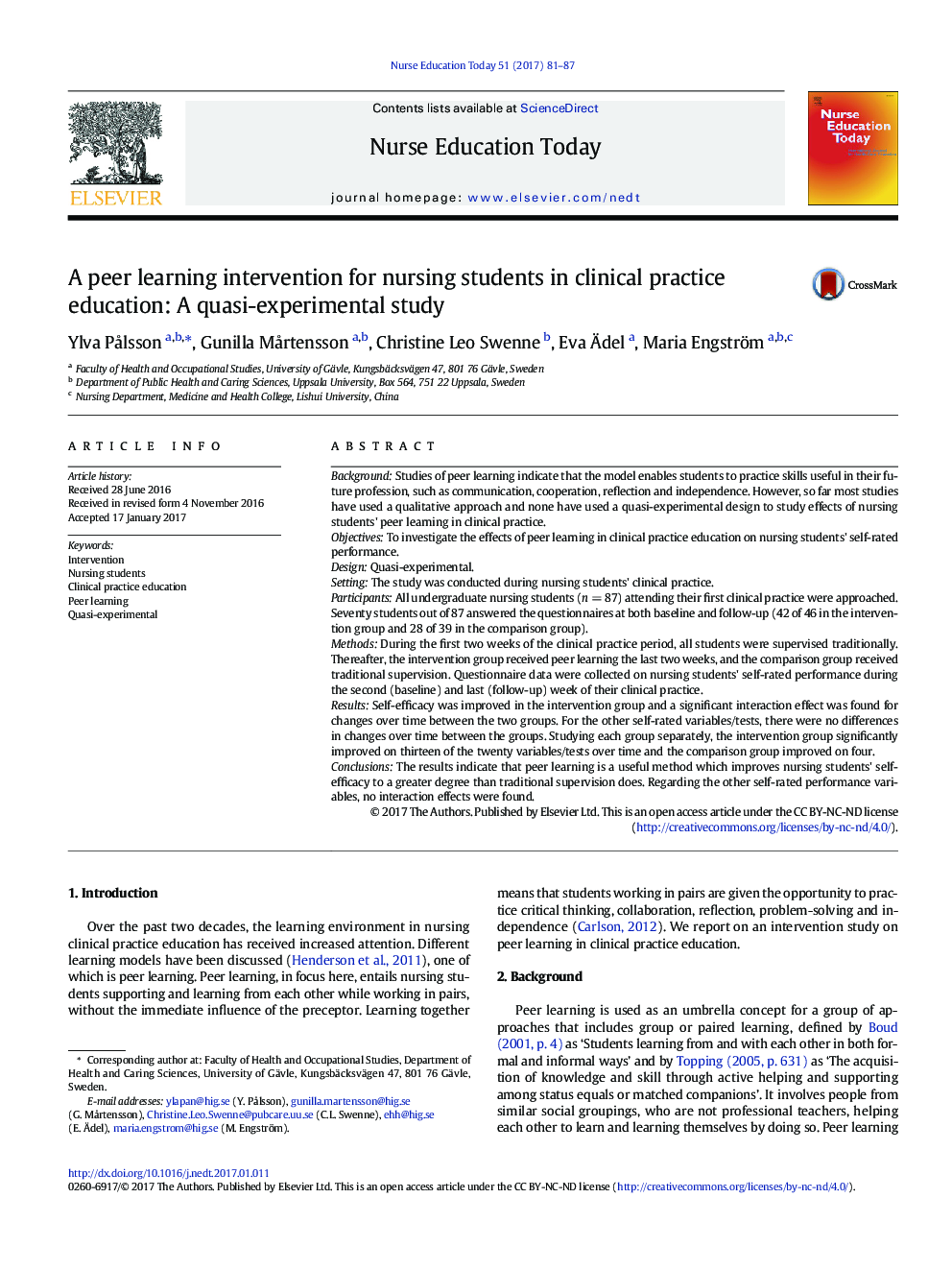 A peer learning intervention for nursing students in clinical practice education: A quasi-experimental study