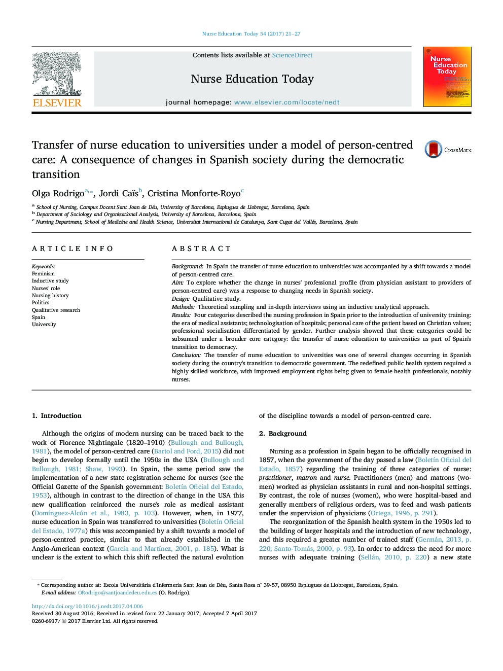 Transfer of nurse education to universities under a model of person-centred care: A consequence of changes in Spanish society during the democratic transition
