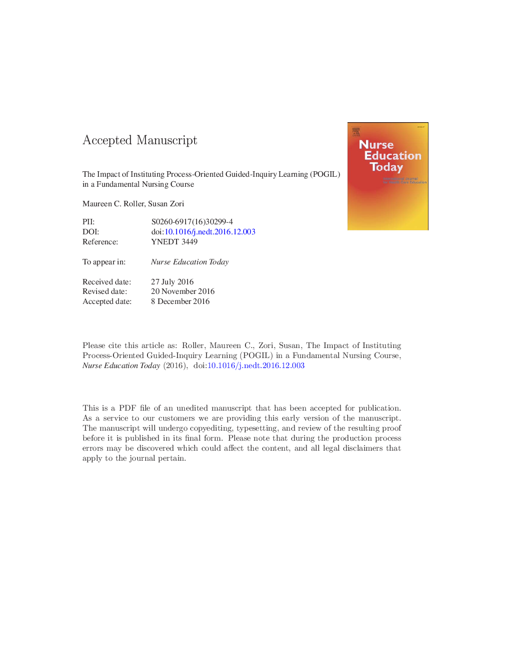 The impact of instituting Process-Oriented Guided-Inquiry Learning (POGIL) in a fundamental nursing course