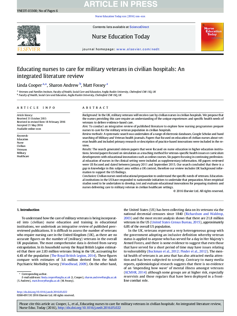 Educating nurses to care for military veterans in civilian hospitals: An integrated literature review