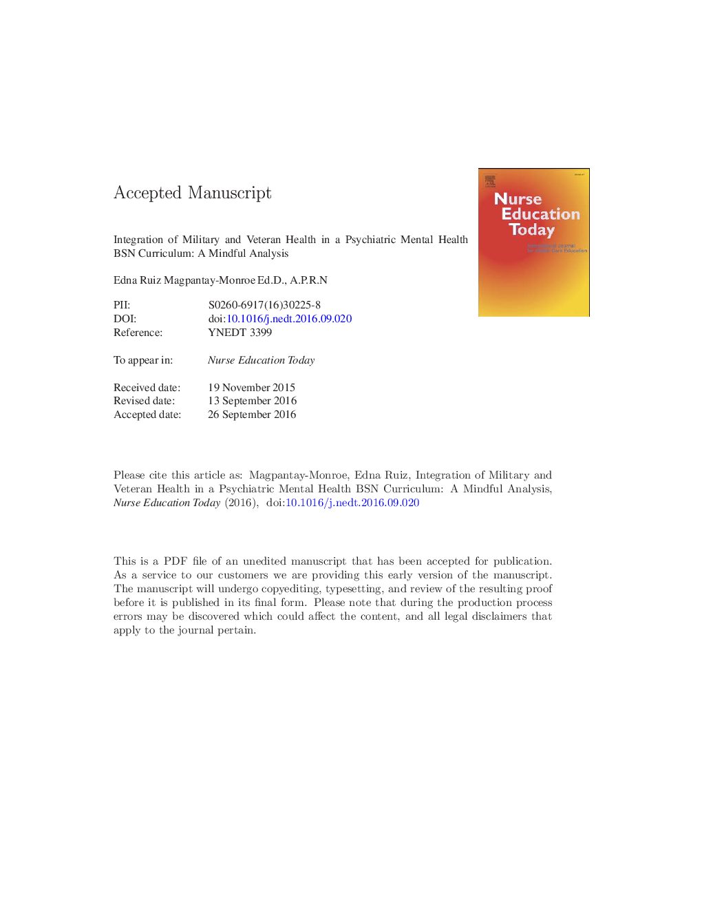 Integration of military and veteran health in a psychiatric mental health BSN curriculum: A mindful analysis