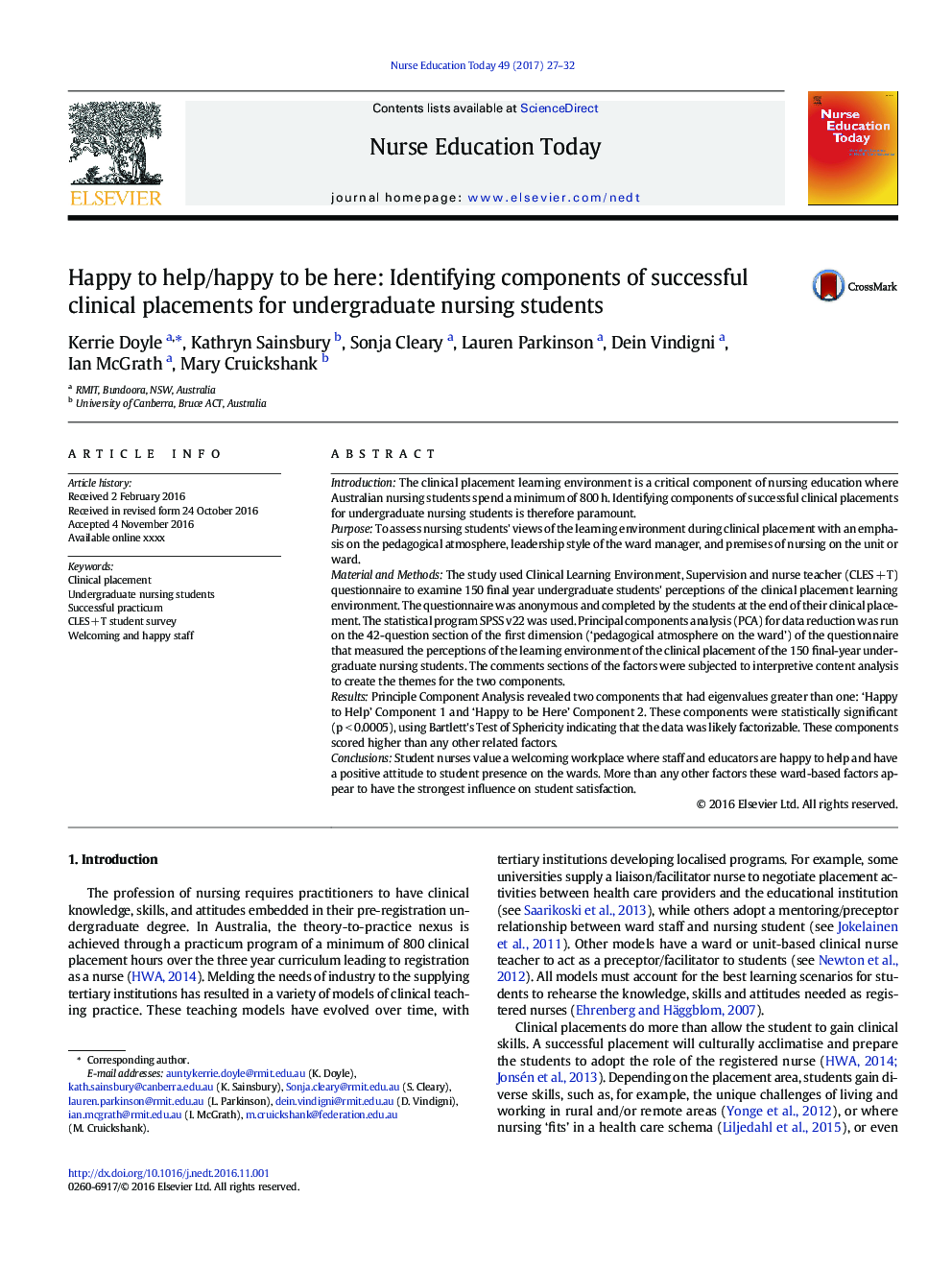 Happy to help/happy to be here: Identifying components of successful clinical placements for undergraduate nursing students