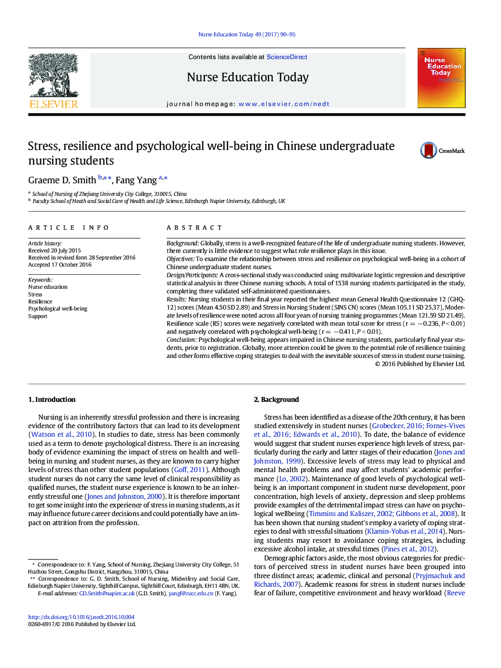 Stress, resilience and psychological well-being in Chinese undergraduate nursing students