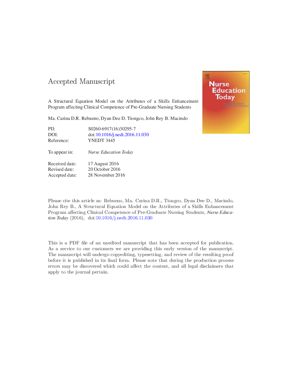 A structural equation model on the attributes of a skills enhancement program affecting clinical competence of pre-graduate nursing students