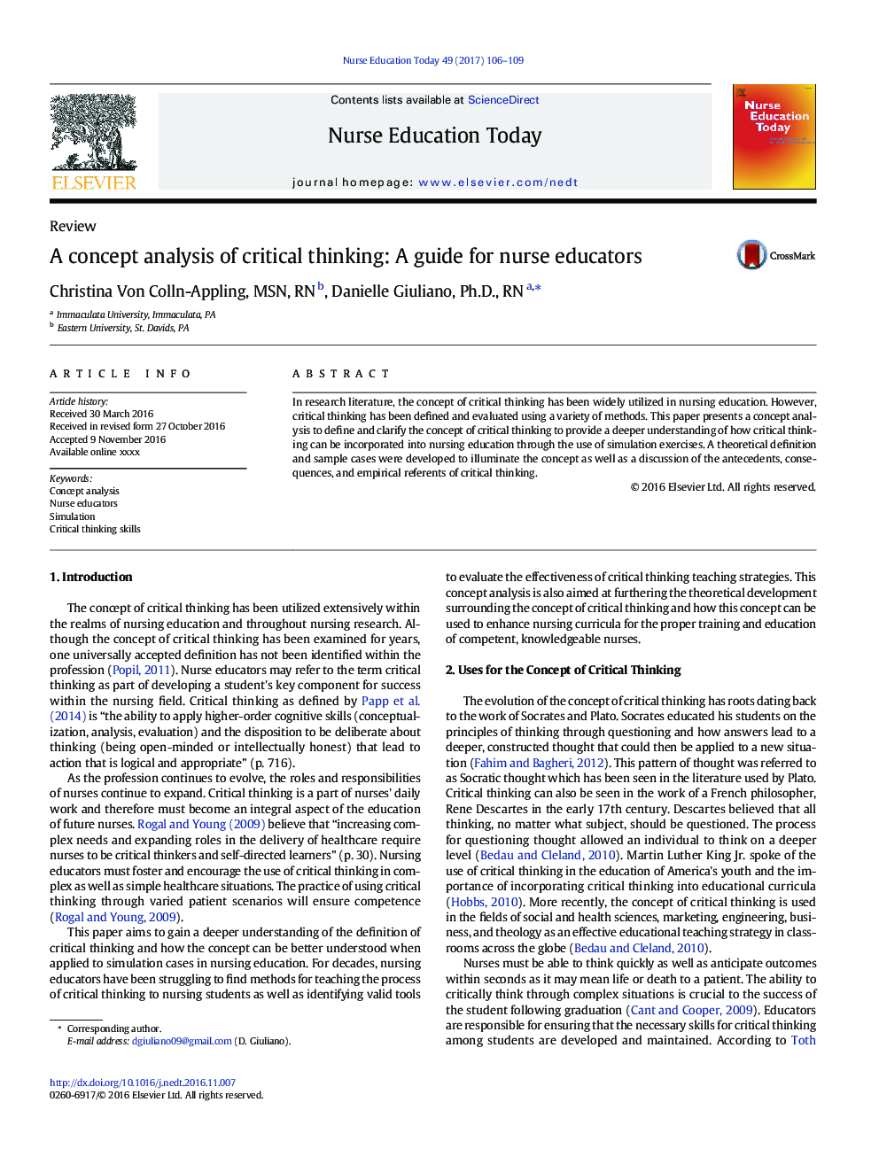 A concept analysis of critical thinking: A guide for nurse educators