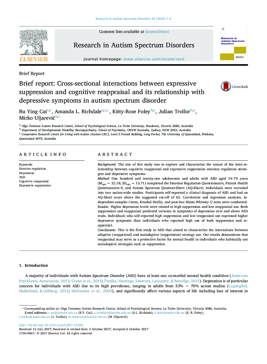 Brief report: Cross-sectional interactions between expressive suppression and cognitive reappraisal and its relationship with depressive symptoms in autism spectrum disorder