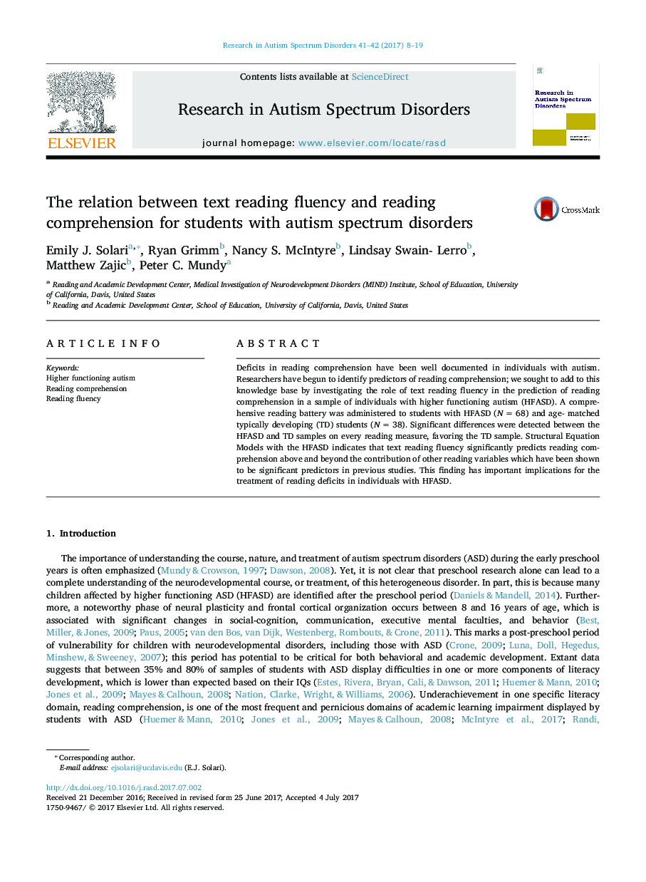 The relation between text reading fluency and reading comprehension for students with autism spectrum disorders