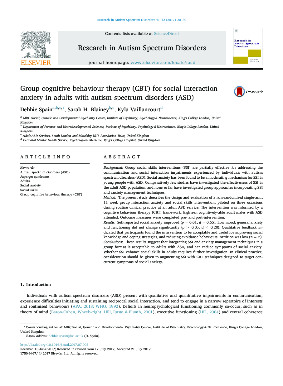 Group cognitive behaviour therapy (CBT) for social interaction anxiety in adults with autism spectrum disorders (ASD)