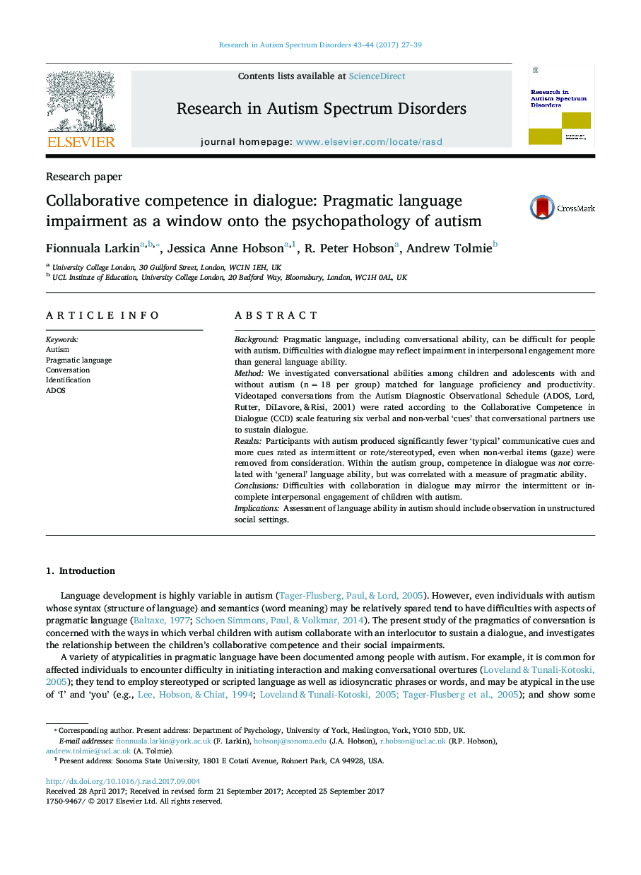 Collaborative competence in dialogue: Pragmatic language impairment as a window onto the psychopathology of autism