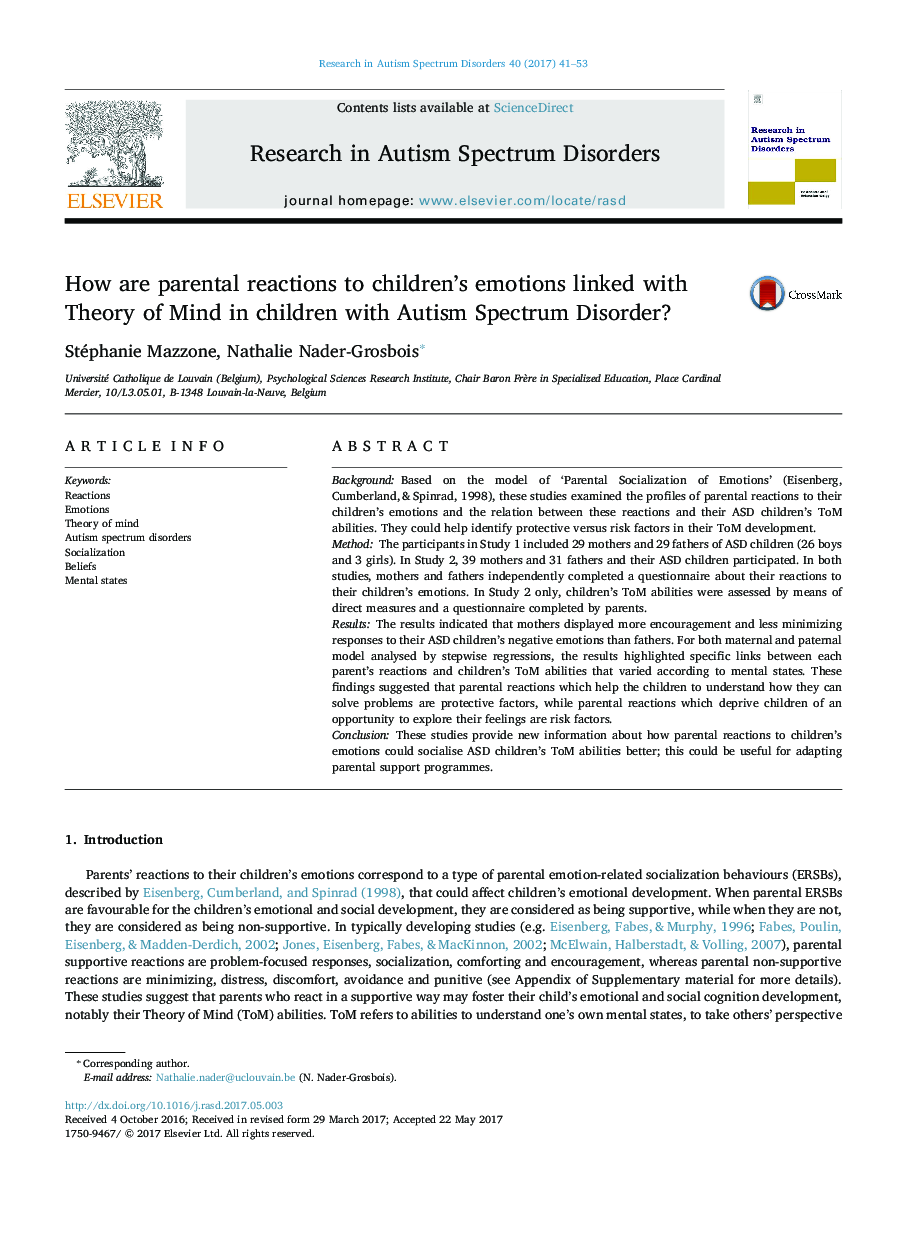 How are parental reactions to children's emotions linked with Theory of Mind in children with Autism Spectrum Disorder?