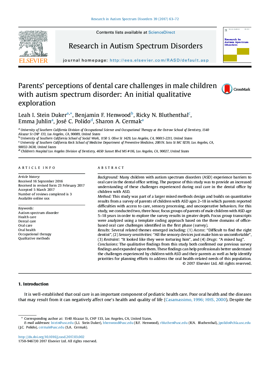 Parents' perceptions of dental care challenges in male children with autism spectrum disorder: An initial qualitative exploration