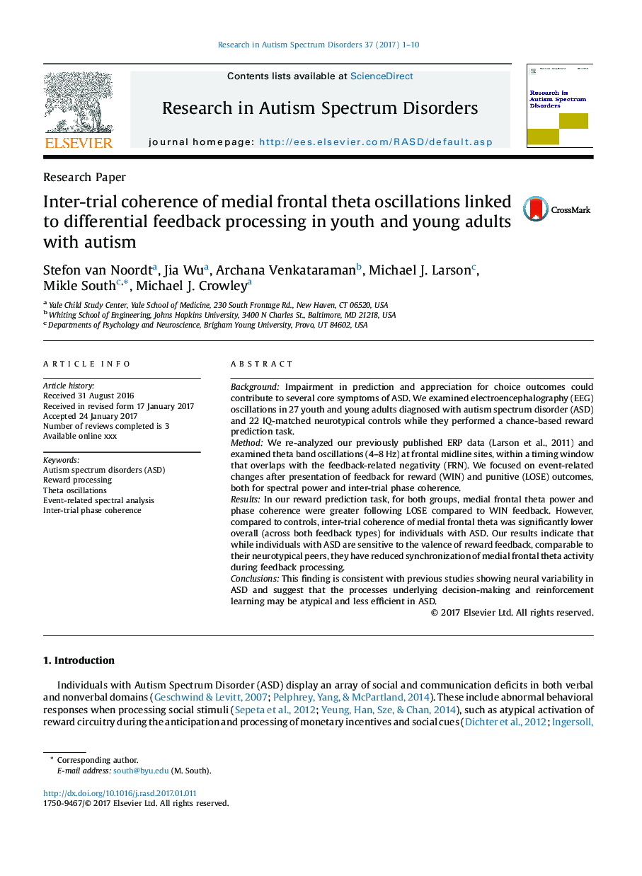 Inter-trial coherence of medial frontal theta oscillations linked to differential feedback processing in youth and young adults with autism