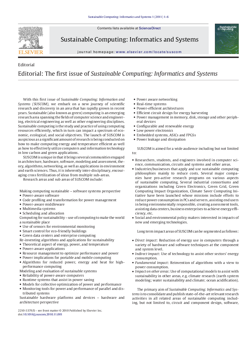 Editorial: The first issue of Sustainable Computing: Informatics and Systems