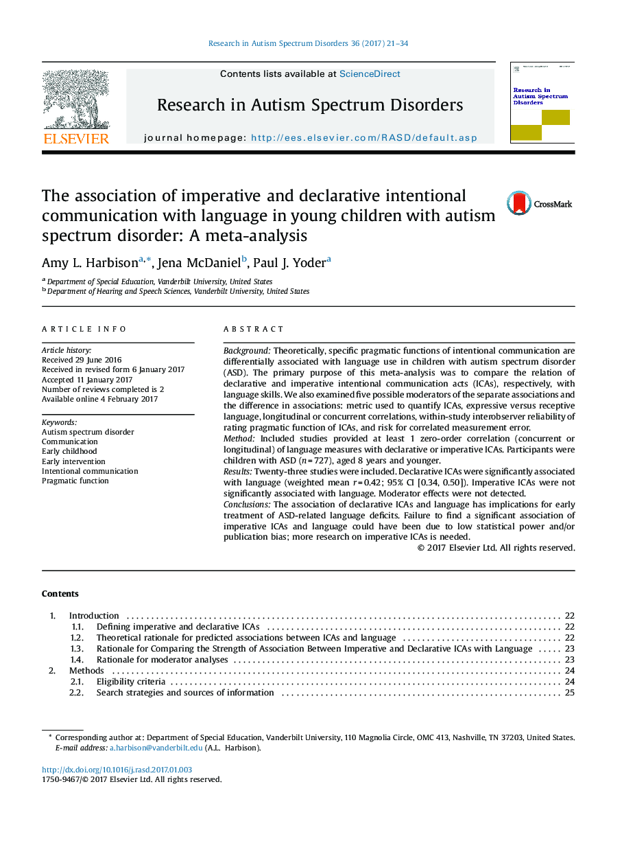 The association of imperative and declarative intentional communication with language in young children with autism spectrum disorder: A meta-analysis